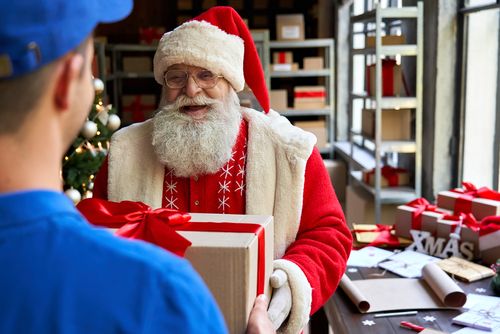 Bearded Santa Claus Costume Wearer Holding package - Safe Loading and Unloading Practices
